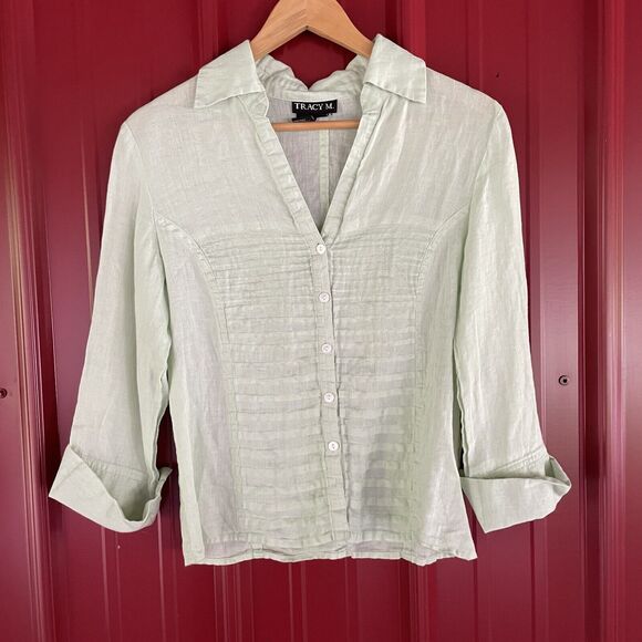 Tracey M Top‎ Linen V Neck Pullover 3/4 Sleeve Blouse Lightweight Womens Medium - Picture 1 of 6